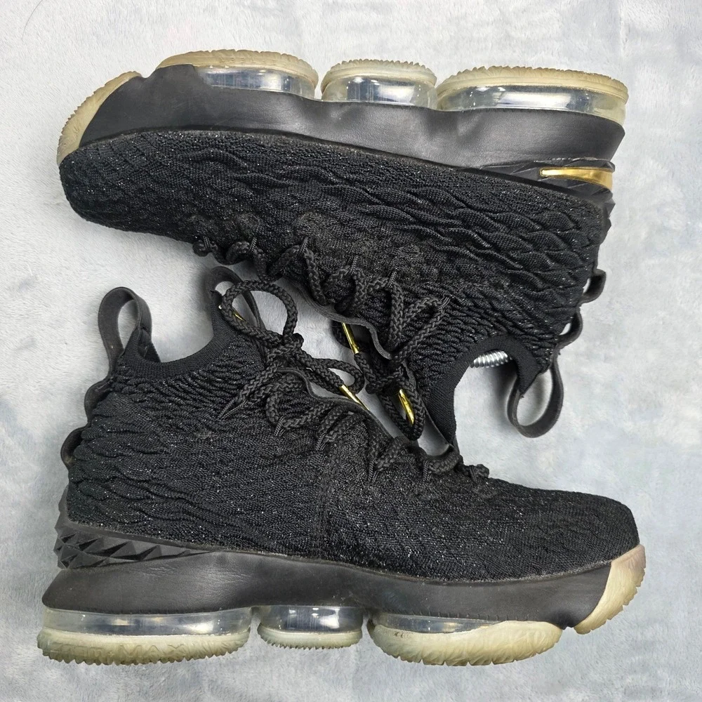 Nike LeBron 15‎ 6Y Black Gold Boys Basketball Shoes BattleKnit High Top Sneaker